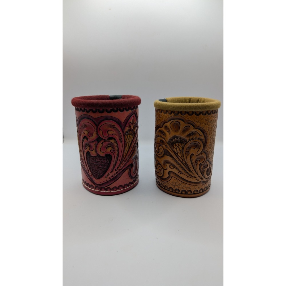 Vintage Hand Tooled Leather Can Koozies Set of 2 Western Floral Drink Cozies